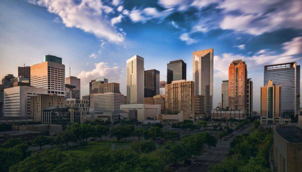 Skyline view of Houston, Texas with modern skyscrapers.