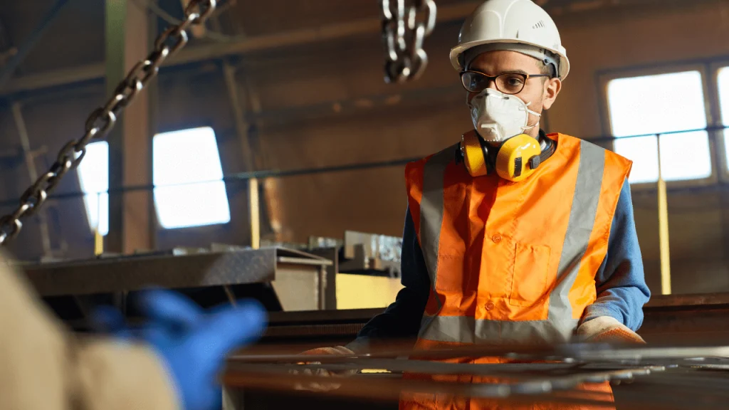 concerned worker wearing a protective mask and helmet at a dusty, industrial site