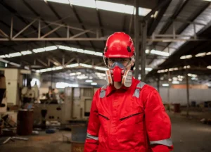 Industrial worker wearing protective gear inspecting machinery for asbestos exposure.