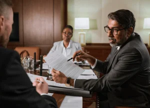 Historic courtroom scene representing early Johns-Manville asbestos lawsuits in the 1980s