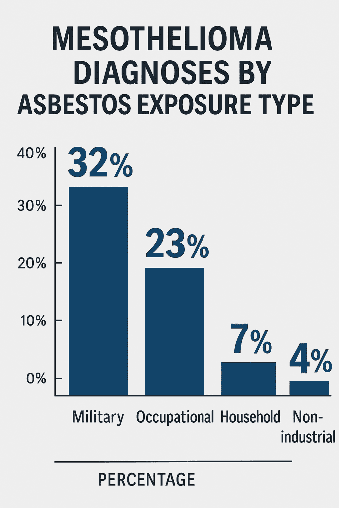 Veterans with Mesothelioma 1 Bar chart showing percentages of mesothelioma diagnoses by asbestos exposure type, with military at 32%, occupational at 23%, household at 7%, and non-industrial at 4%.