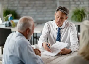 Mesothelioma VA Claim Help: A Complete Guide for Veterans 2 Attorney reviewing paperwork with an older veteran about a VA claim and a mesothelioma lawsuit