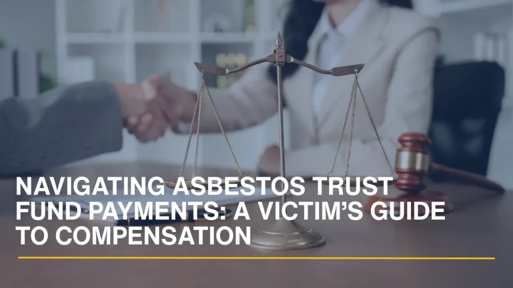 Scales of justice on a desk with a lawyer and client shaking hands in the background.