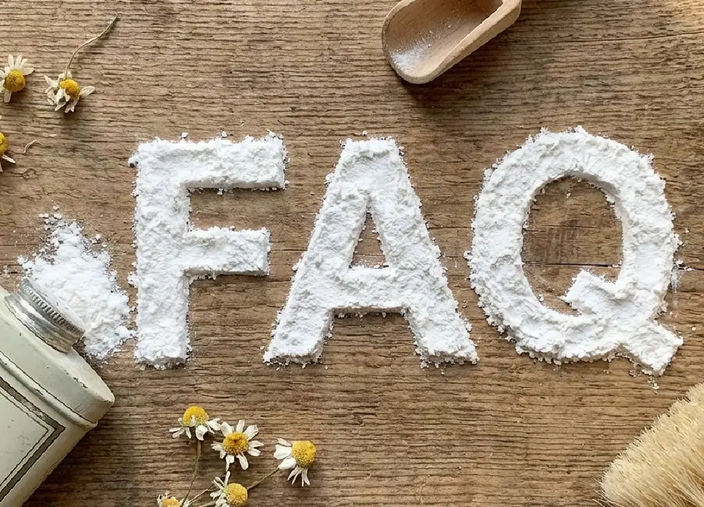 The word “FAQ” spelled out using white talcum powder on a wooden surface.
