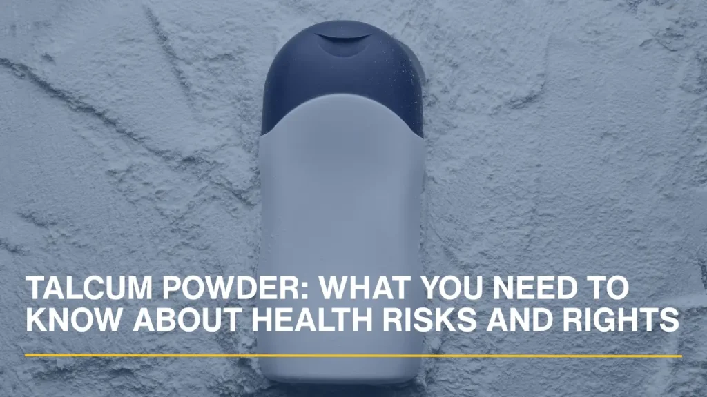 Plastic bottle on a white background with baby cosmetic talcum powder in a flat lay.