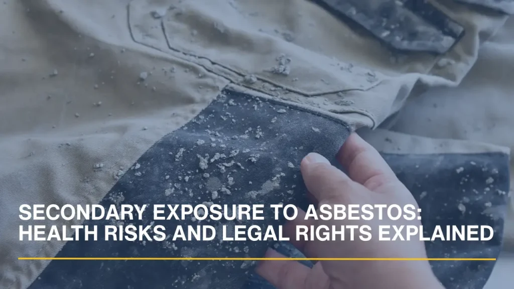 Close-up of heavy-duty industrial work clothes covered in fine white dust and asbestos-like particulates.