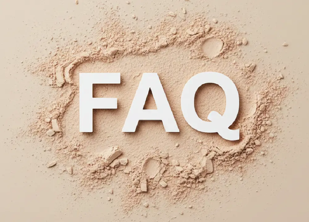 FAQ letters displayed in a flat lay surrounded by loose cosmetic powder.
