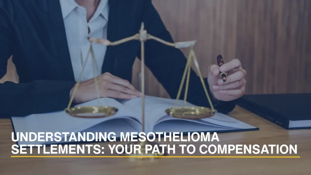 Lawyer reviewing legal documents beside scales of justice, representing mesothelioma settlement and compensation guidance