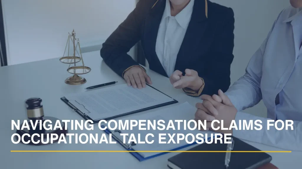 A woman and a lawyer discussing occupational talc exposure and a potential compensation claim in a law office.