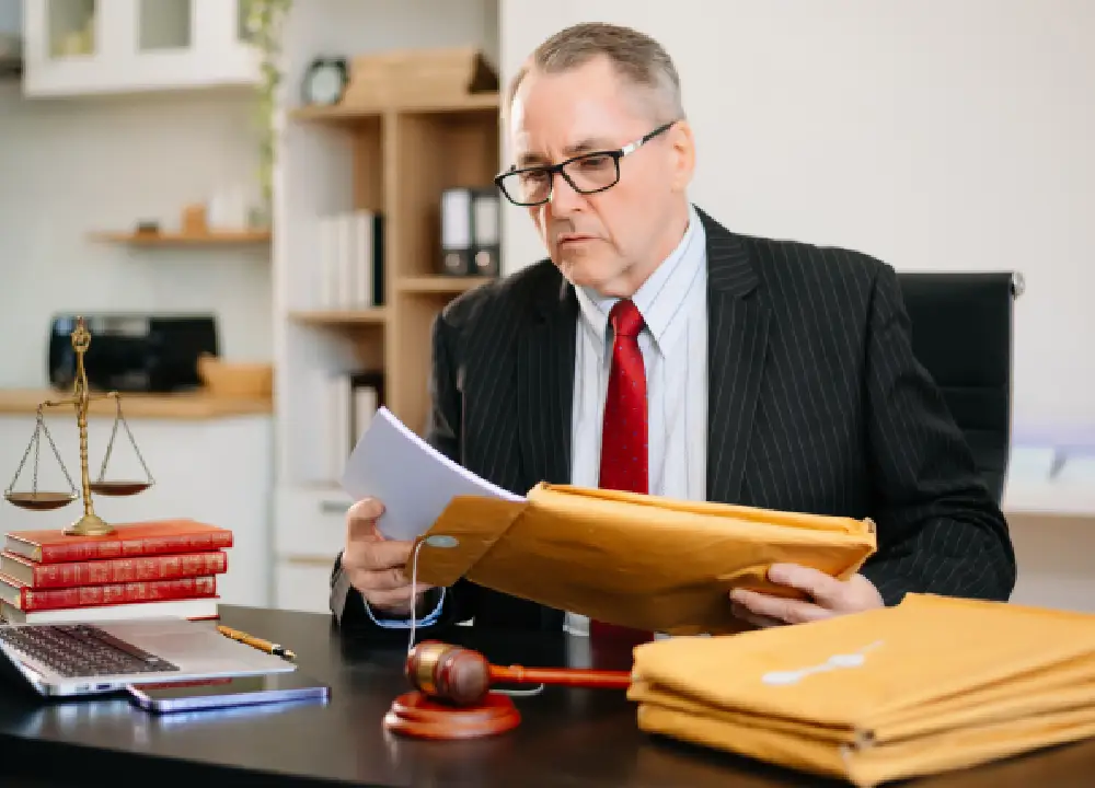 Your Guide to Talc and Asbestos Exposure Risks and Legal Options 2 Senior male judge reviewing legal documents with a gavel at his desk.