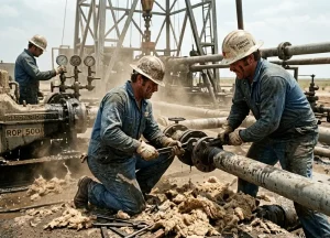 Historical photograph of West Texas oilfield workers operating near high-heat insulated piping and drilling equipment.