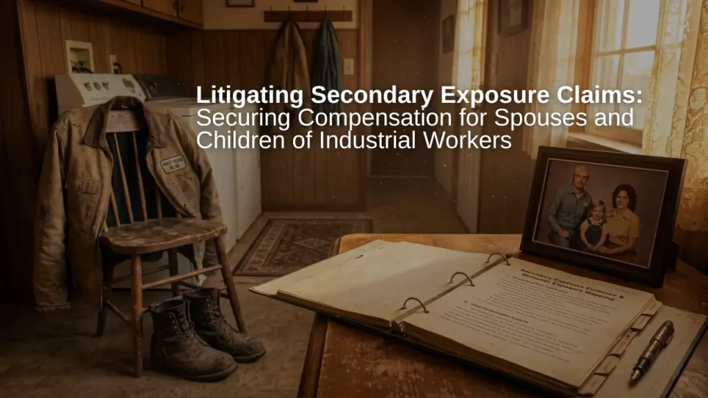 A cinematic, hyperrealistic 16:9 photograph featuring an industrial work jacket and dusty boots alongside a Danziger & De Llano secondary exposure legal evidence folder in a warm Texas home setting.