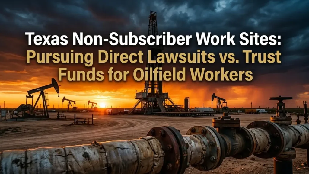 West Texas oil rig and pipeline at sunset, titled "Texas Non-Subscriber Work Sites: Direct Lawsuits vs. Trust Funds"