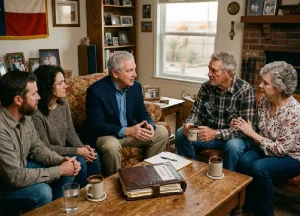 mesothelioma attorney meeting with a retired West Texas oilfield worker and his family in their living room to review asbestos exposure claims.