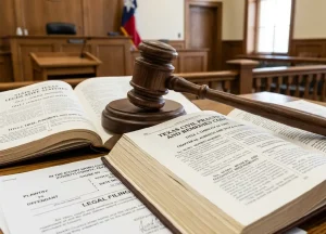 Gavel resting on Texas statutes and Chapter 90 asbestos claim filing documents.