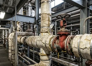 Heavy industrial pipe insulation and thermal lagging at a Houston industrial plant where workers faced high risk of asbestos dust exposure.