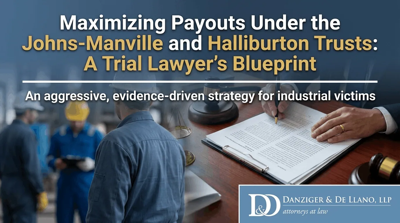 Authoritative infographic banner from Danziger & DeLlano, LLP (Texas Meso Lawyers), outlining a strategic legal blueprint for maximizing compensation payouts for industrial victims and veterans from the Johns-Manville and Halliburton Asbestos Trusts.