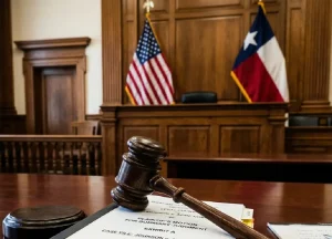 Courtroom gavel and legal filings representing Danziger and DeLlano national mesothelioma litigation trial results.