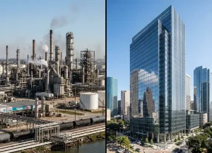 Split image showing a Texas oil refinery industrial site alongside a modern corporate