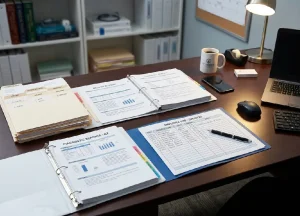 A detailed view of organized medical charts, diagnostic reports, and employment logs arranged on a desk at Danziger & DeLlano, LLP, representing asbestos exposure documentation.