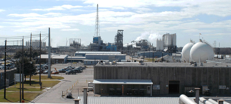 Chemical plant facilities in Pasadena, Texas, with spherical storage tanks, processing towers, and industrial buildings