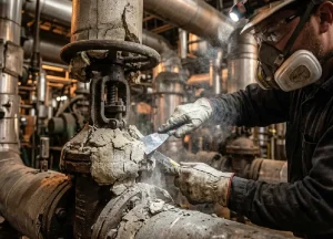 Industrial maintenance worker removing thermal block insulation from high-pressure refinery steam pipes.