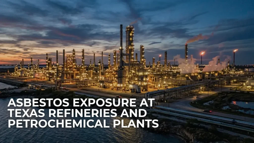 Texas Gulf Coast oil refinery and chemical processing plant with steam pipes and distillation towers.