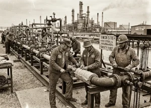 Historic photo of Texas union pipefitters and boilermakers at a Gulf Coast industrial job site.