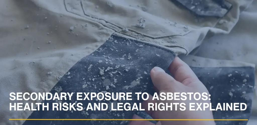 Close-up of heavy-duty industrial work clothes covered in fine white dust and asbestos-like particulates.