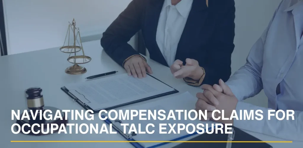 A woman and a lawyer discussing occupational talc exposure and a potential compensation claim in a law office.