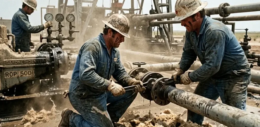 Historical photograph of West Texas oilfield workers operating near high-heat insulated piping and drilling equipment.