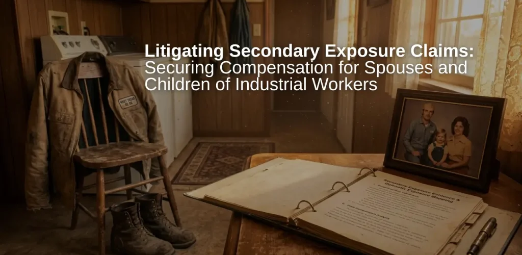 A cinematic, hyperrealistic 16:9 photograph featuring an industrial work jacket and dusty boots alongside a Danziger & De Llano secondary exposure legal evidence folder in a warm Texas home setting.
