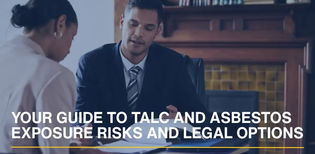 Lawyer consulting with a client while reviewing documents related to talc and asbestos exposure risks.