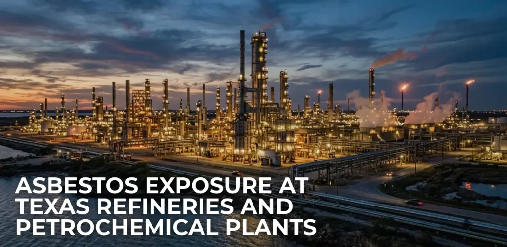 Texas Gulf Coast oil refinery and chemical processing plant with steam pipes and distillation towers.