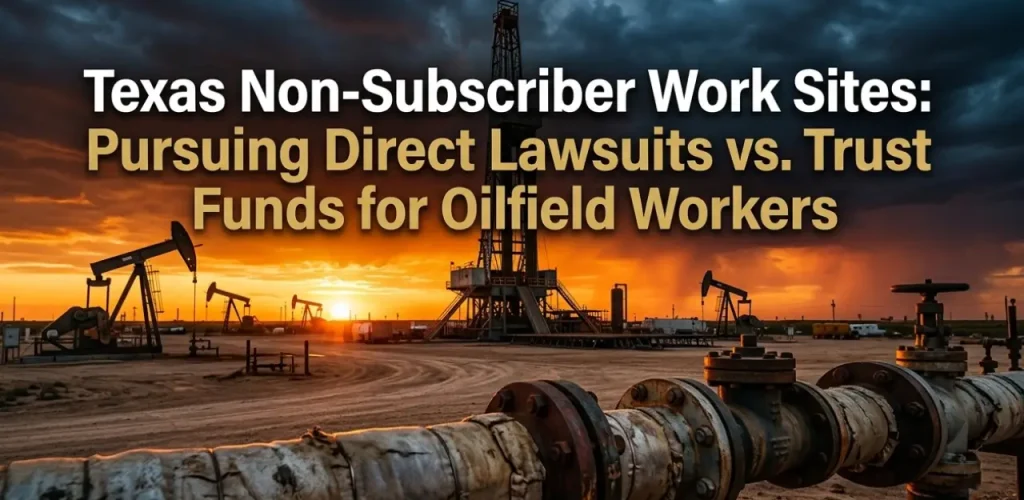 West Texas oil rig and pipeline at sunset, titled "Texas Non-Subscriber Work Sites: Direct Lawsuits vs. Trust Funds"